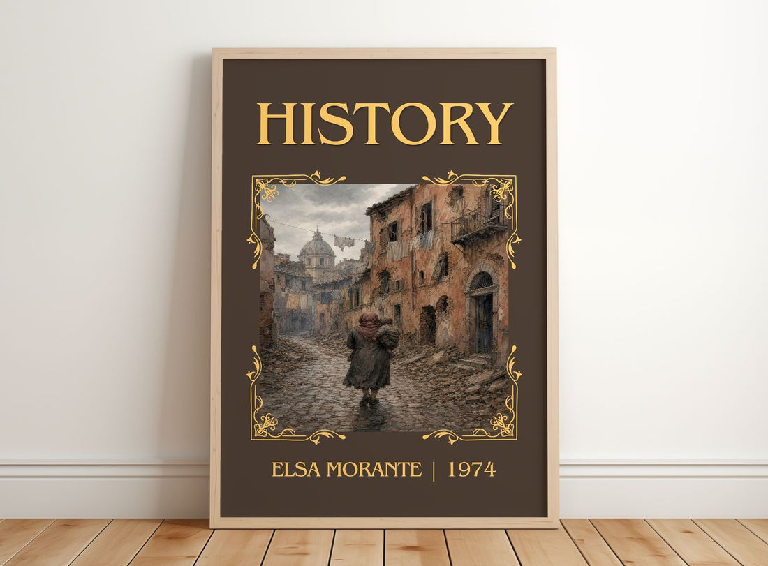 History Classic Book Art Print by Elsa Morante – framed print leaning on a wooden floor