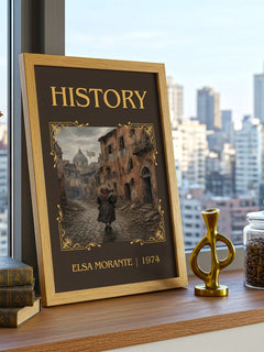 History Classic Book Art Print by Elsa Morante – framed print on a city-view windowsill