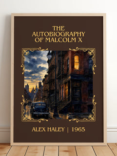 The Autobiography of Malcolm X Classic Book Art Print by Alex Haley – framed print leaning on a wooden floor