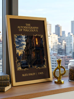 The Autobiography of Malcolm X Classic Book Art Print by Alex Haley – framed print on a city-view windowsill