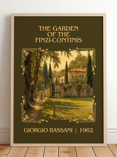 Garden of the Finzi-Continis Classic Book Art Print by Giorgio Bassani – framed print leaning on a wooden floor