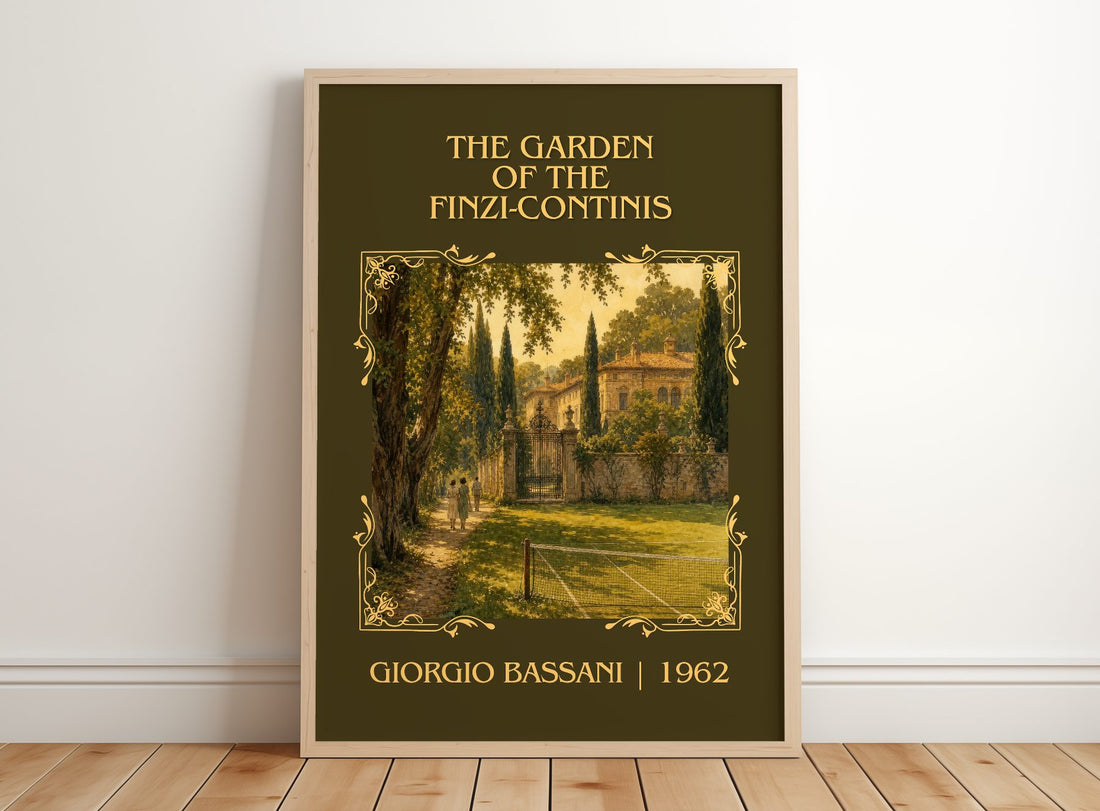 Garden of the Finzi-Continis Classic Book Art Print by Giorgio Bassani – framed print leaning on a wooden floor