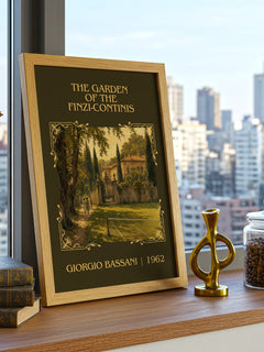 Garden of the Finzi-Continis Classic Book Art Print by Giorgio Bassani – framed print on a city-view windowsill