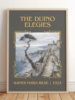 The Duino Elegies Classic Book Art Print by Rainer Maria Rilke – framed print leaning on a wooden floor