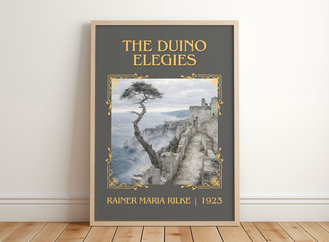 The Duino Elegies Classic Book Art Print by Rainer Maria Rilke – framed print leaning on a wooden floor