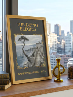 The Duino Elegies Classic Book Art Print by Rainer Maria Rilke – framed print on a city-view windowsill