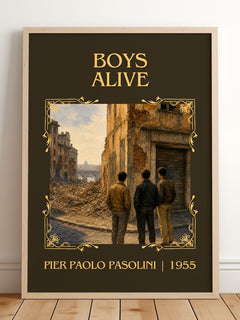 Boys Alive Classic Book Art Print by Pier Paolo Pasolini – framed print leaning on a wooden floor