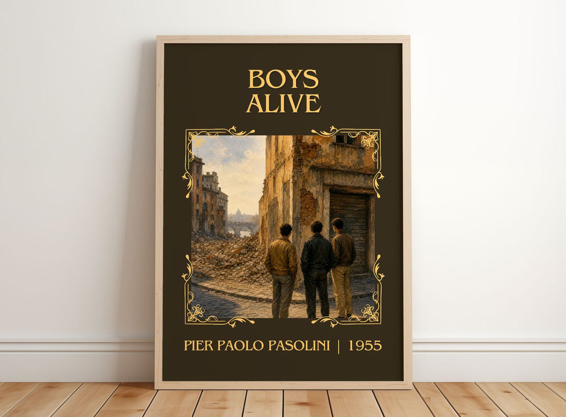 Boys Alive Classic Book Art Print by Pier Paolo Pasolini – framed print leaning on a wooden floor