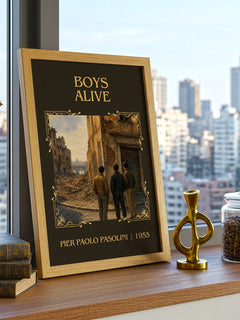 Boys Alive Classic Book Art Print by Pier Paolo Pasolini – framed print on a city-view windowsill