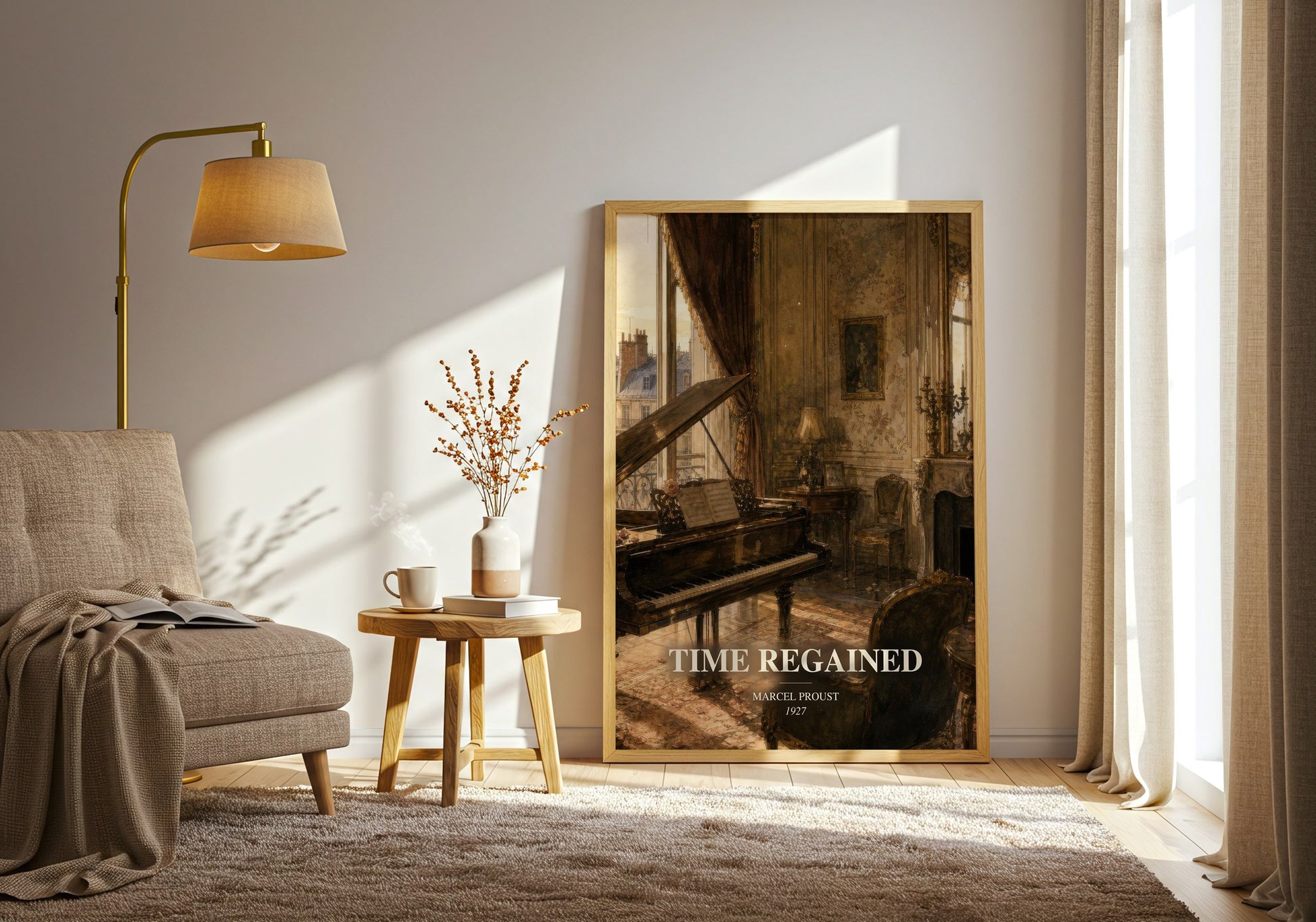 Time Regained watercolour print in frame leaning in hallway – classic literature wall art