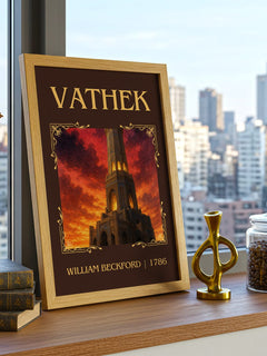 Vathek Classic Book Art Print by William Beckford – framed print on a city-view windowsill