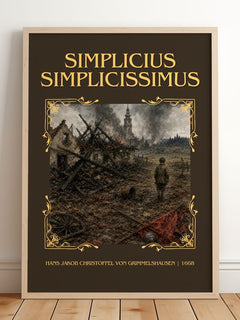 Simplicius Simplicissimus Classic Book Art Print by H. Grimmelshausen – framed print leaning on a wooden floor