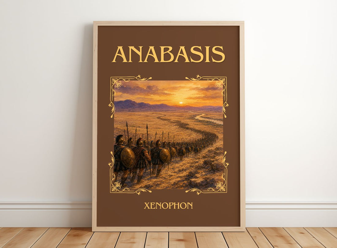 Anabasis Classic Book Art Print by Xenophon – framed print leaning on a wooden floor