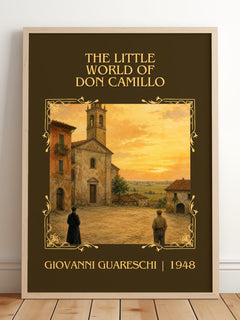Little World Of Don Camillo Classic Book Art Print by G. Guareschi – framed print leaning on a wooden floor