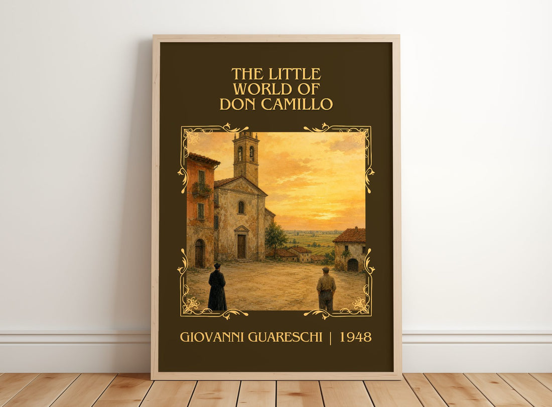 Little World Of Don Camillo Classic Book Art Print by G. Guareschi – framed print leaning on a wooden floor