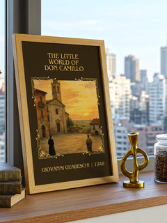 Little World Of Don Camillo Classic Book Art Print by G. Guareschi – framed print on a city-view windowsill