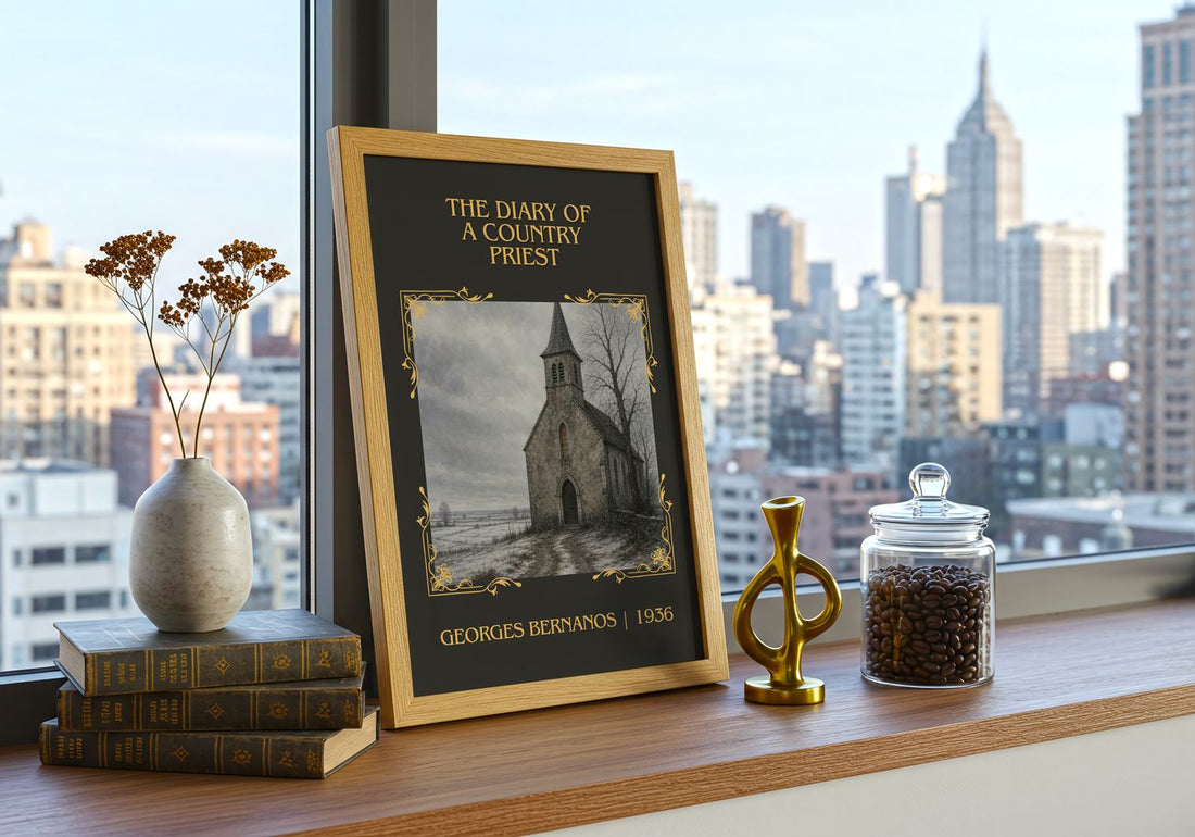 Diary of a Country Priest Classic Book Art Print by Georges Bernanos – framed print on a city-view windowsill