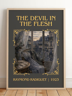 The Devil in the Flesh Classic Book Art Print by Raymond Radiguet – framed print leaning on a wooden floor