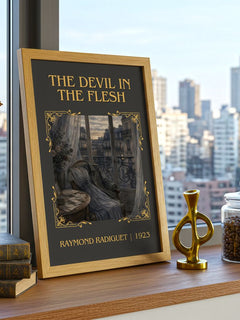 The Devil in the Flesh Classic Book Art Print by Raymond Radiguet – framed print on a city-view windowsill