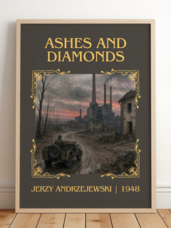 Ashes and Diamonds Classic Book Art Print by Jerzy Andrzejewski – framed print leaning on a wooden floor
