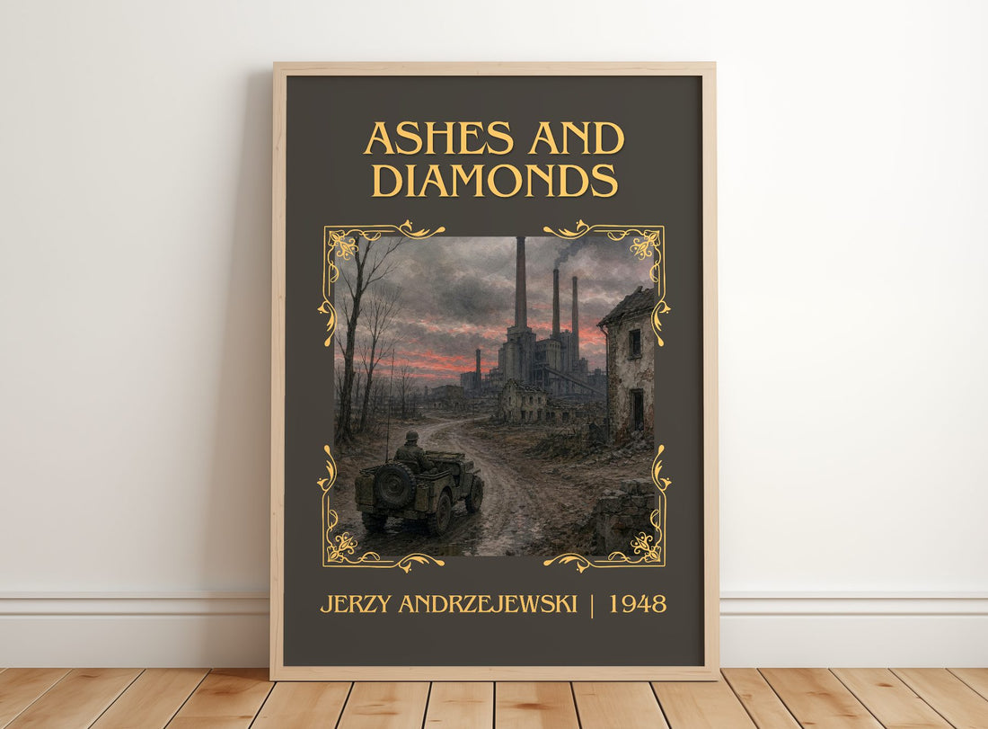 Ashes and Diamonds Classic Book Art Print by Jerzy Andrzejewski – framed print leaning on a wooden floor