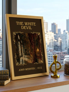 The White Devil Classic Book Art Print by John Webster – framed print on a city-view windowsill