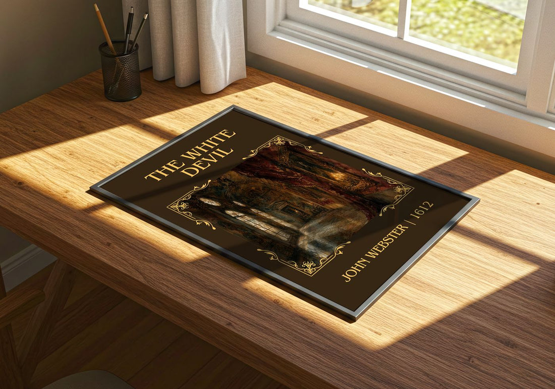 The White Devil Classic Book Art Print by John Webster – print on a sunlit desk