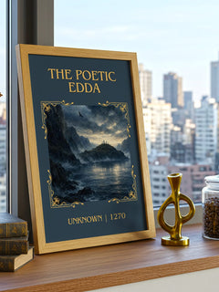 The Poetic Edda Classic Book Art Print by Unknown – framed print on a city-view windowsill