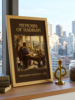 Memoirs of Hadrian Classic Book Art Print by Marguerite Yourcenar – framed print on a city-view windowsill