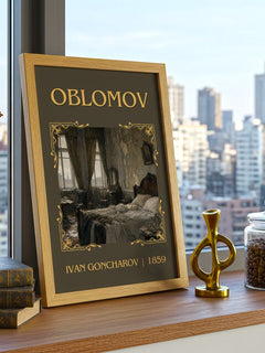 Oblomov Classic Book Art Print by Ivan Goncharov – framed print on a city-view windowsill