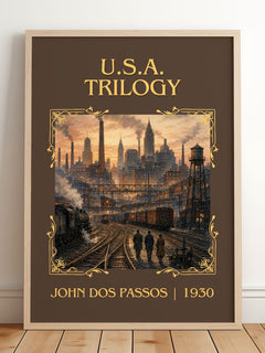U.S.A. Trilogy Classic Book Art Print by John Dos Passos – framed print leaning on a wooden floor
