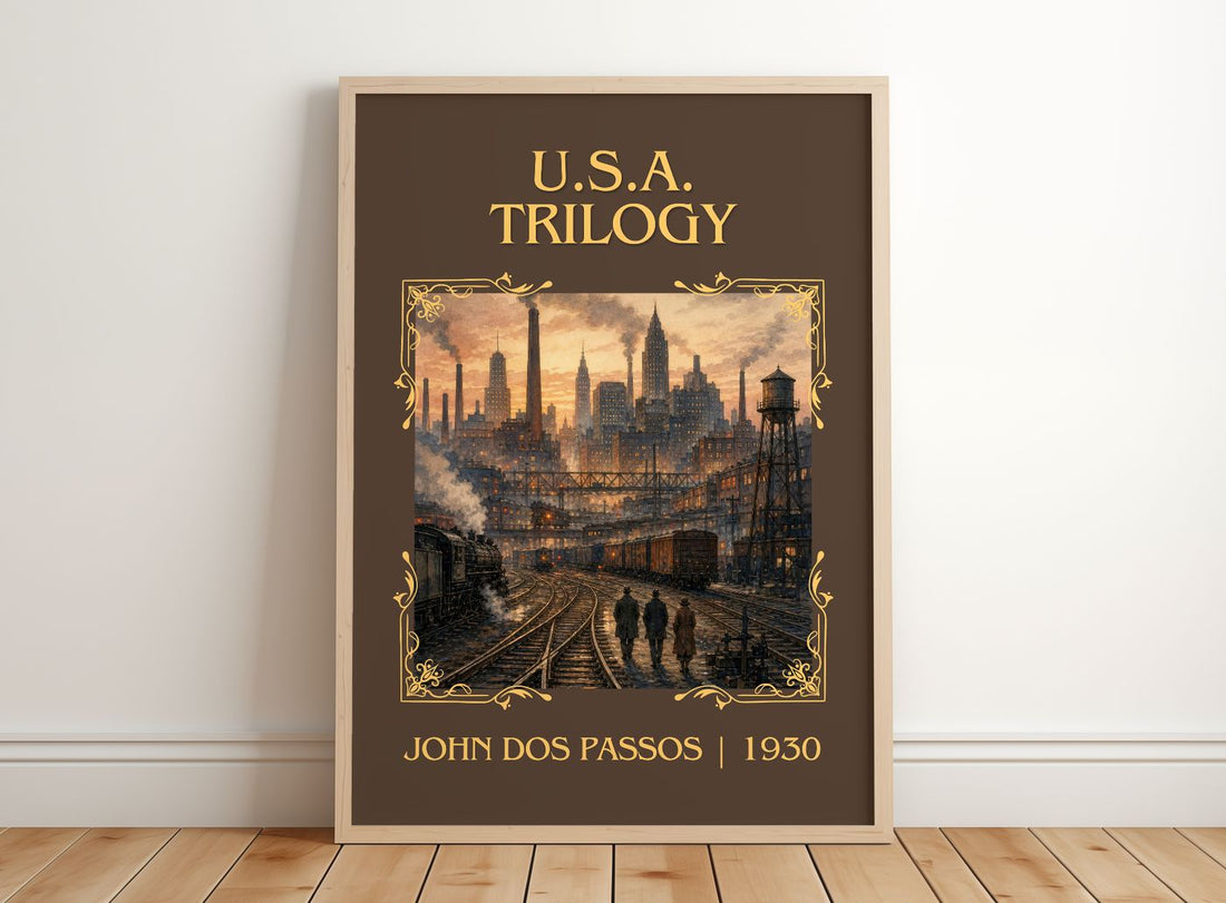 U.S.A. Trilogy Classic Book Art Print by John Dos Passos – framed print leaning on a wooden floor