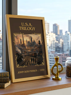 U.S.A. Trilogy Classic Book Art Print by John Dos Passos – framed print on a city-view windowsill