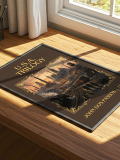 U.S.A. Trilogy Classic Book Art Print by John Dos Passos – print on a sunlit desk