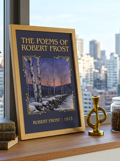 The Poems of Robert Frost Classic Book Art Print by Robert Frost – framed print on a city-view windowsill
