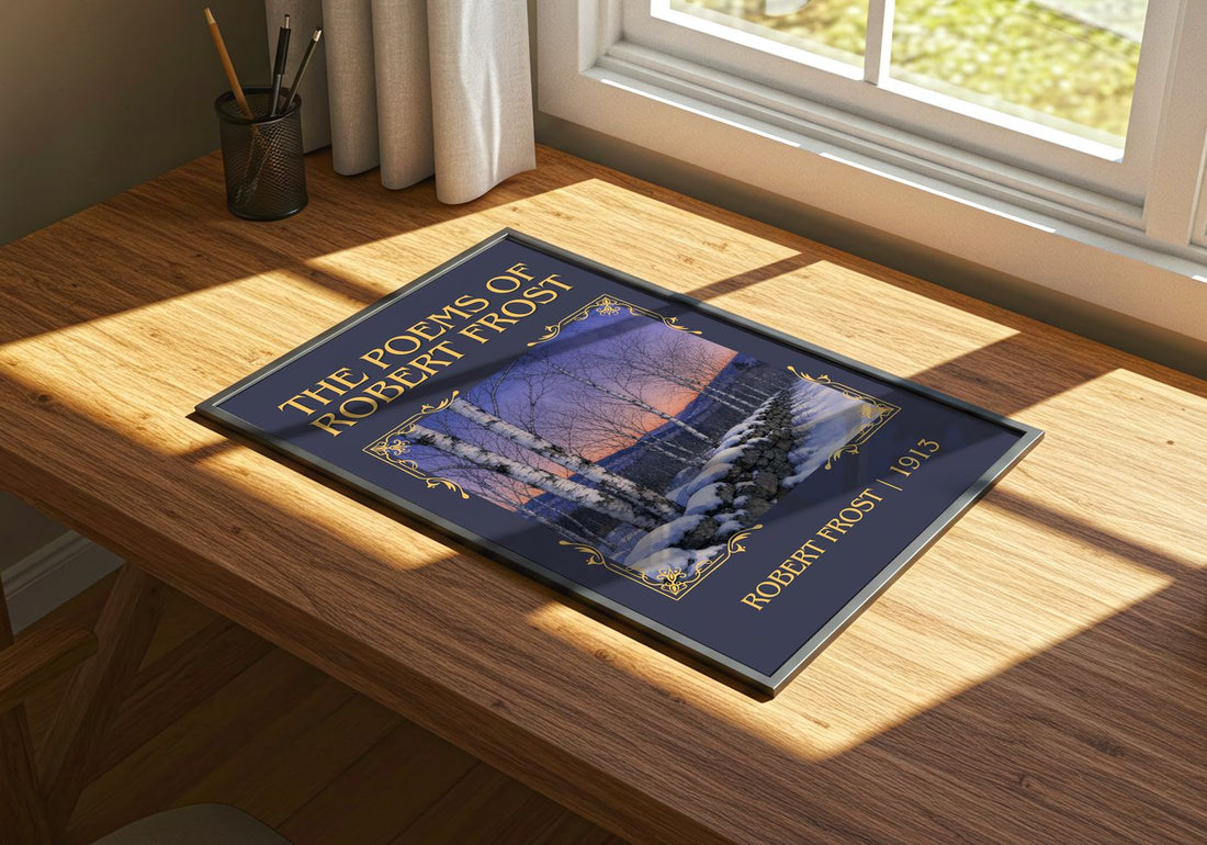 The Poems of Robert Frost Classic Book Art Print by Robert Frost – print on a sunlit desk