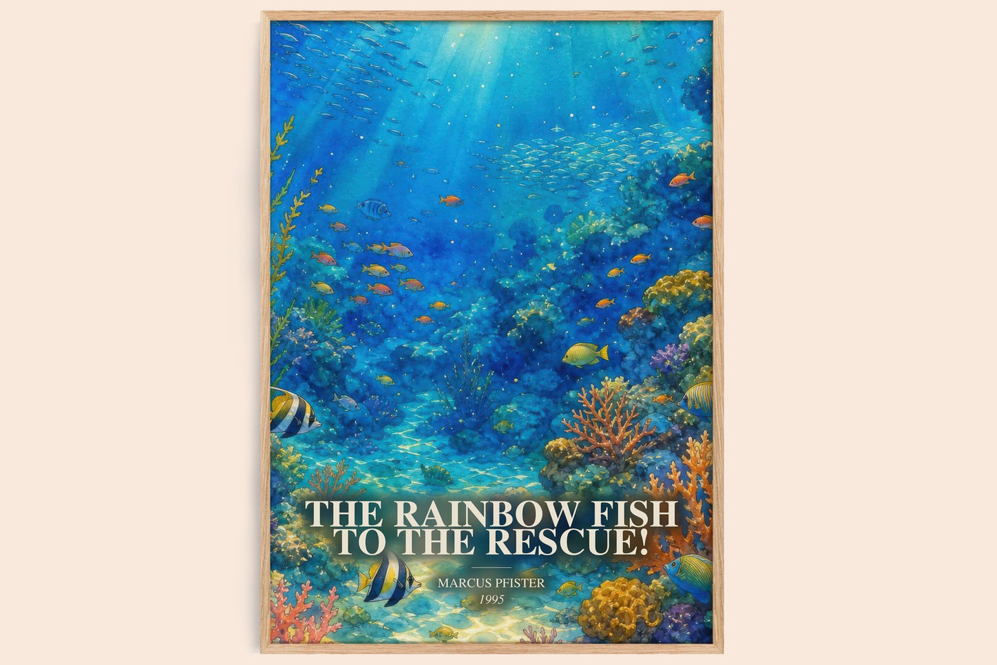 The Rainbow Fish To The Rescue! watercolour book poster by Marcus Pfister – framed literary art print