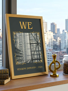 We Classic Book Art Print by Yevgeny Zamyatin – framed print on a city-view windowsill