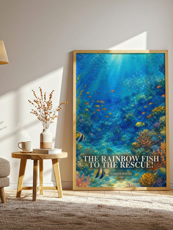 The Rainbow Fish To The Rescue! watercolour print in frame leaning in hallway – childrens wall art