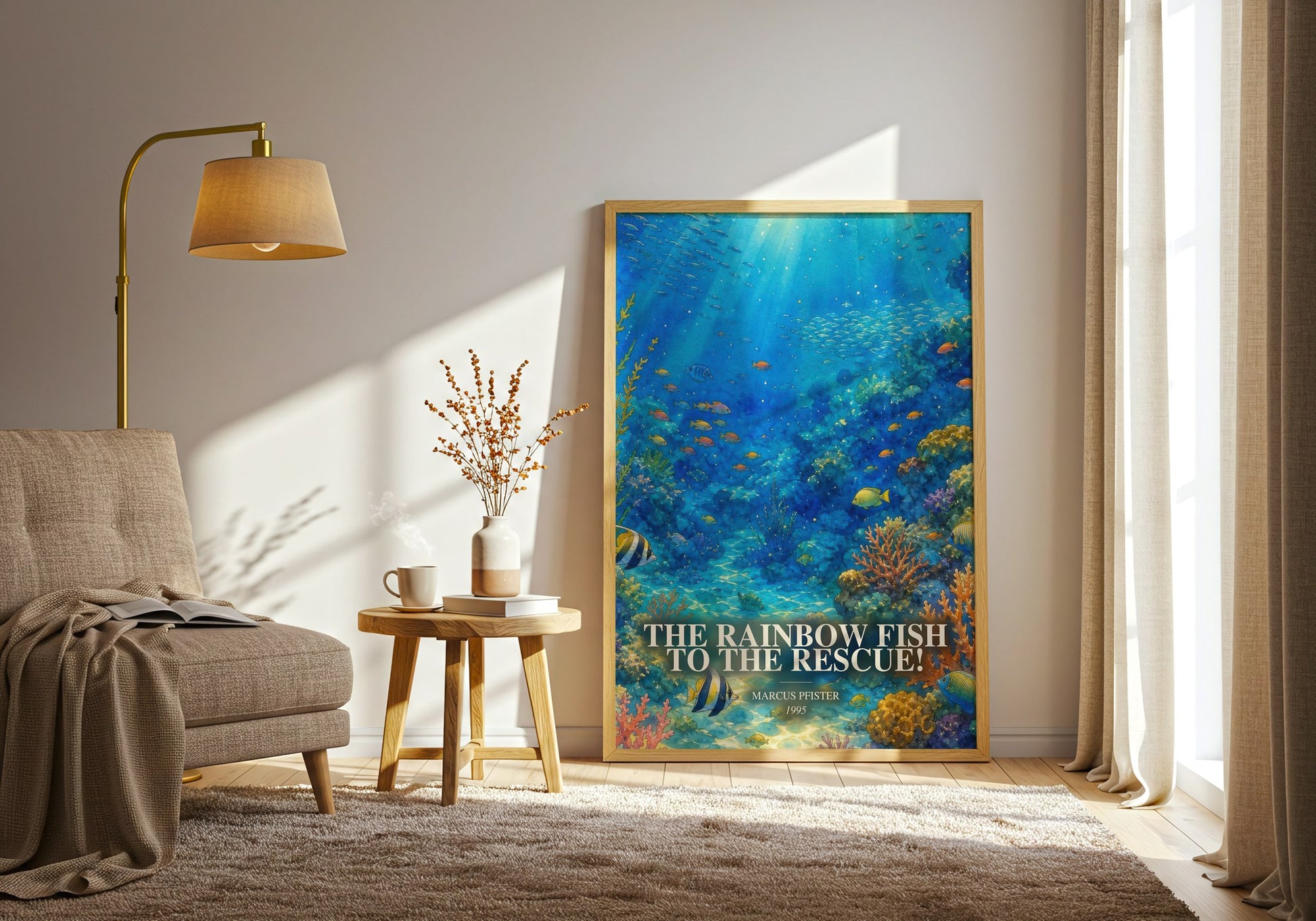 The Rainbow Fish To The Rescue! watercolour print in frame leaning in hallway – childrens wall art