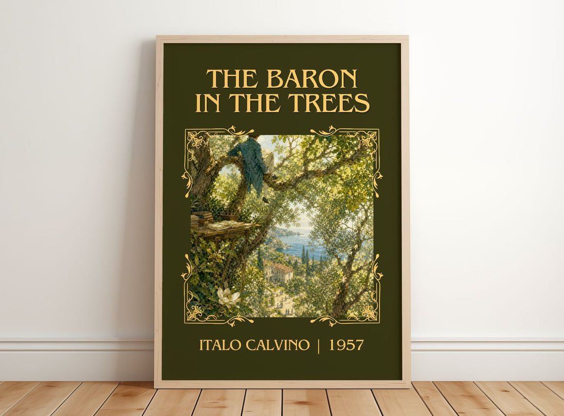 The Baron in the Trees Classic Book Art Print by Italo Calvino – framed print leaning on a wooden floor
