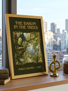 The Baron in the Trees Classic Book Art Print by Italo Calvino – framed print on a city-view windowsill