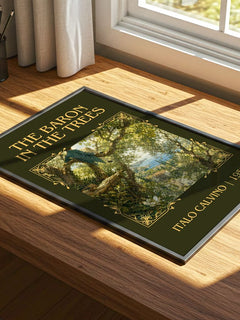 The Baron in the Trees Classic Book Art Print by Italo Calvino – print on a sunlit desk