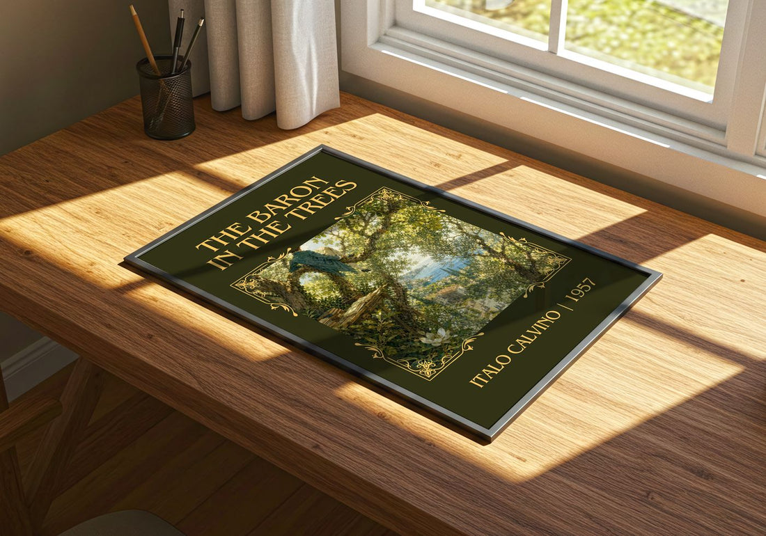 The Baron in the Trees Classic Book Art Print by Italo Calvino – print on a sunlit desk