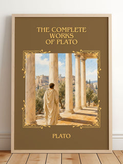 The Complete Works of Plato Classic Book Art Print by Plato – framed print leaning on a wooden floor