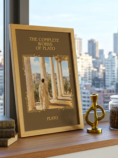 The Complete Works of Plato Classic Book Art Print by Plato – framed print on a city-view windowsill