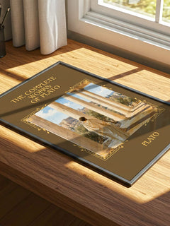 The Complete Works of Plato Classic Book Art Print by Plato – print on a sunlit desk