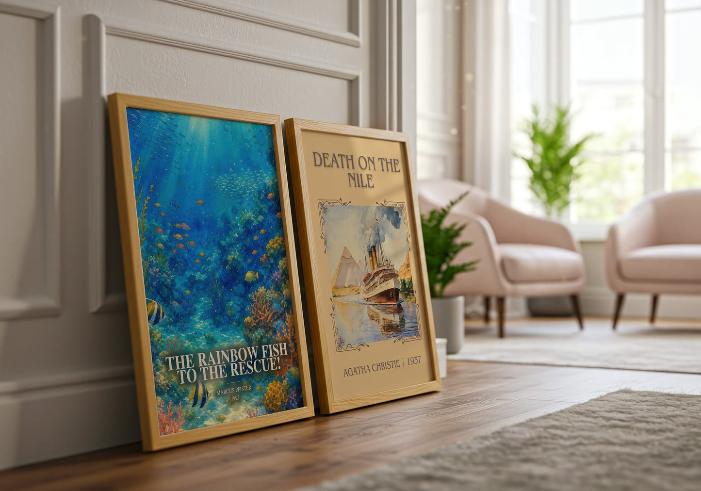 The Rainbow Fish To The Rescue! watercolour print framed by window – literary home decor