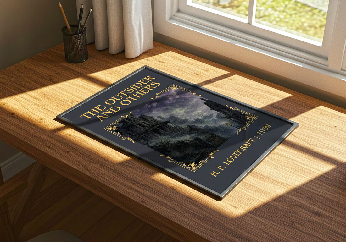 The Outsider And Others Classic Book Art Print by H. P. Lovecraft – print on a sunlit desk
