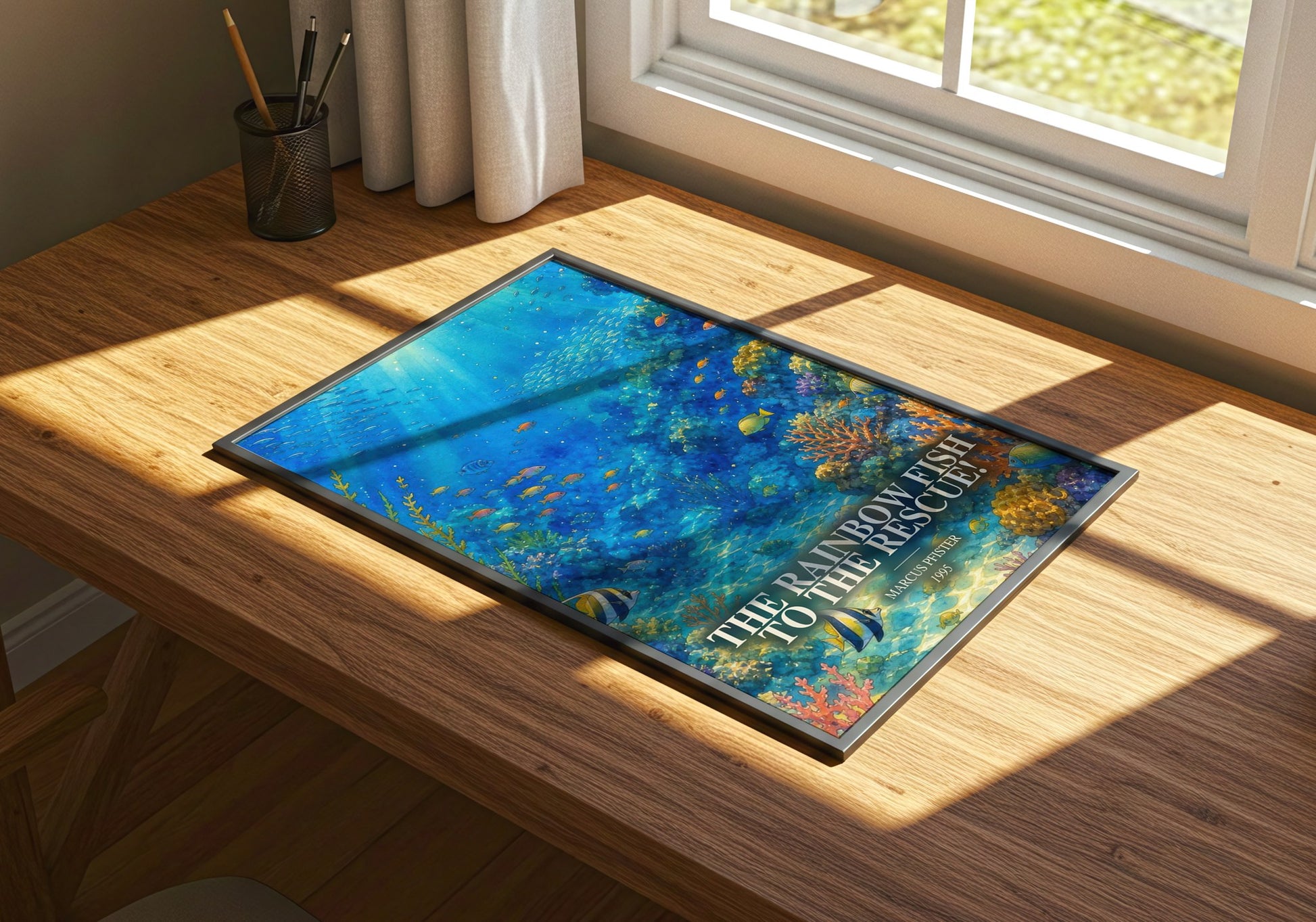 The Rainbow Fish To The Rescue! watercolour book poster framed on wall – childrens wall art